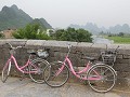 onze roze fietsen op dragon bridge over de Yulong 